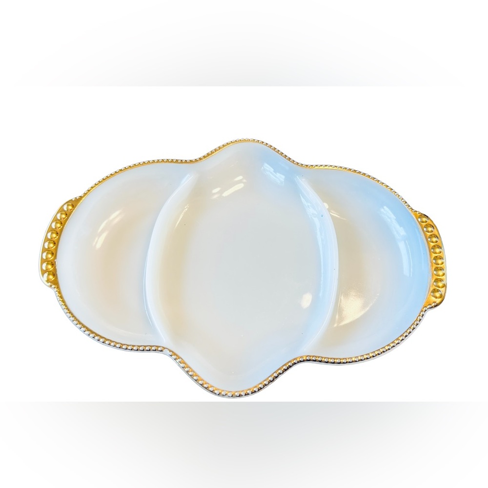Vintage Anchor Hocking Fire King Milk Glass 22K gold trim 3 Section Serving Dish
